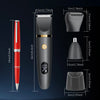 A black electric body grooming kit with a red tip shown alongside various components and dimensions.