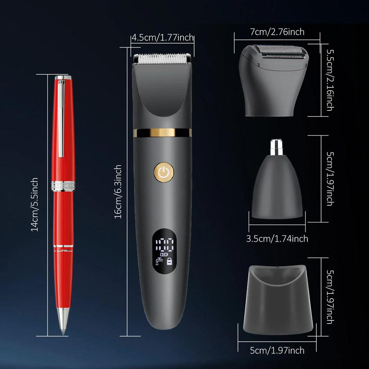 A black electric body grooming kit with a red tip shown alongside various components and dimensions.