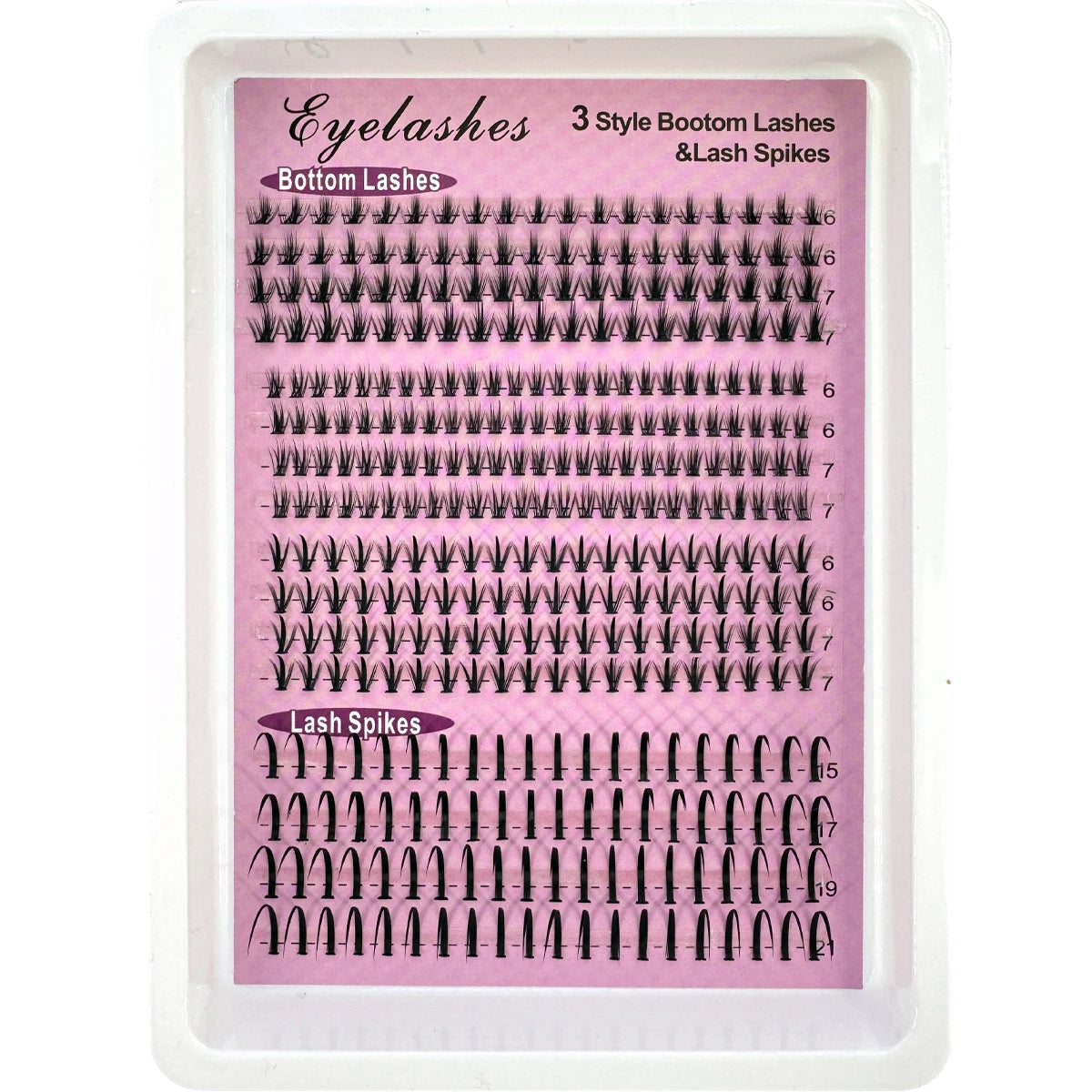 A cosmetic product display showing three styles of eyelash extensions including bottom lashes and lash spikes