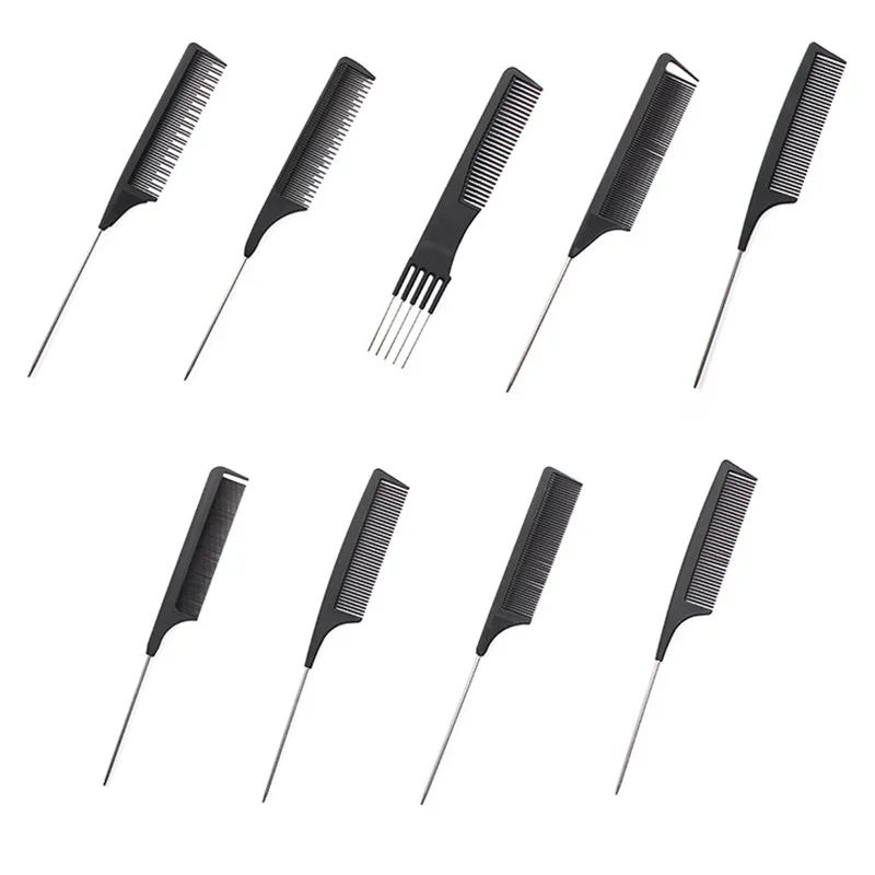 A set of five professional stainless steel hair tail combs shown at various angles.
