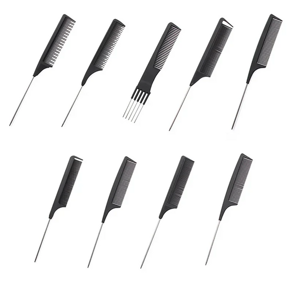 A set of five professional stainless steel hair tail combs shown at various angles.