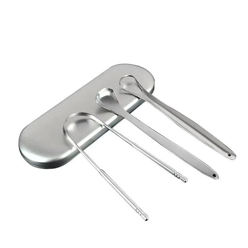 Stainless steel U-shaped tongue scraper resting on a rectangular holder.