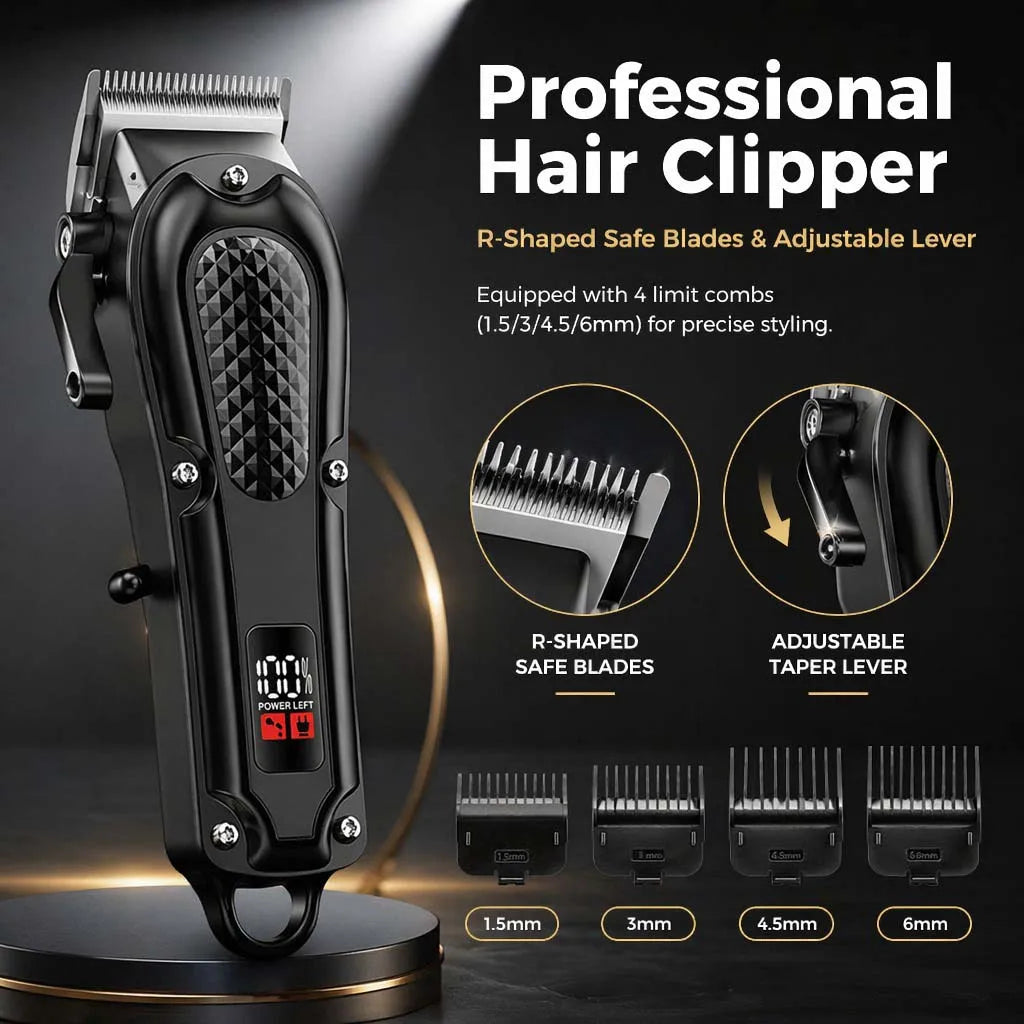 A professional black R-shaped safe blades hair clipper with an adjustable lever and multiple comb attachments.