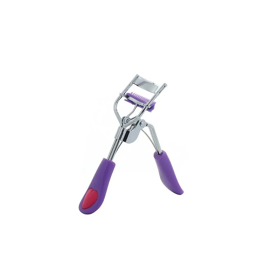 Stainless steel eyelash curler with a precision comb featuring purple and pink accents.