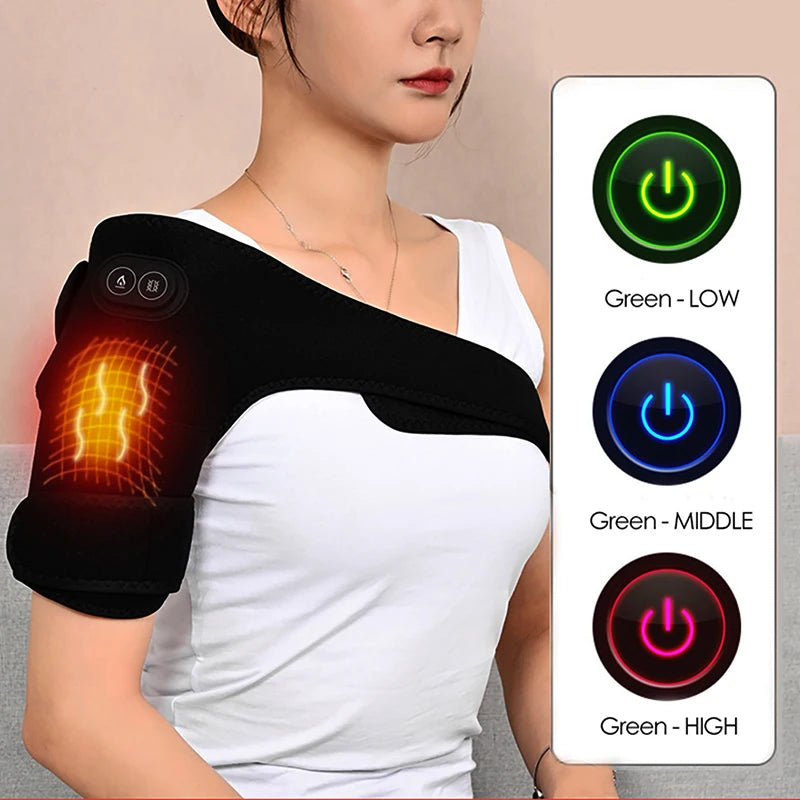 Eine Frau benutzt einen schwarzen Vibrations-Schulter- und Knie-Massager mit grünen Lichteranzeigern für niedrig, mittel und 