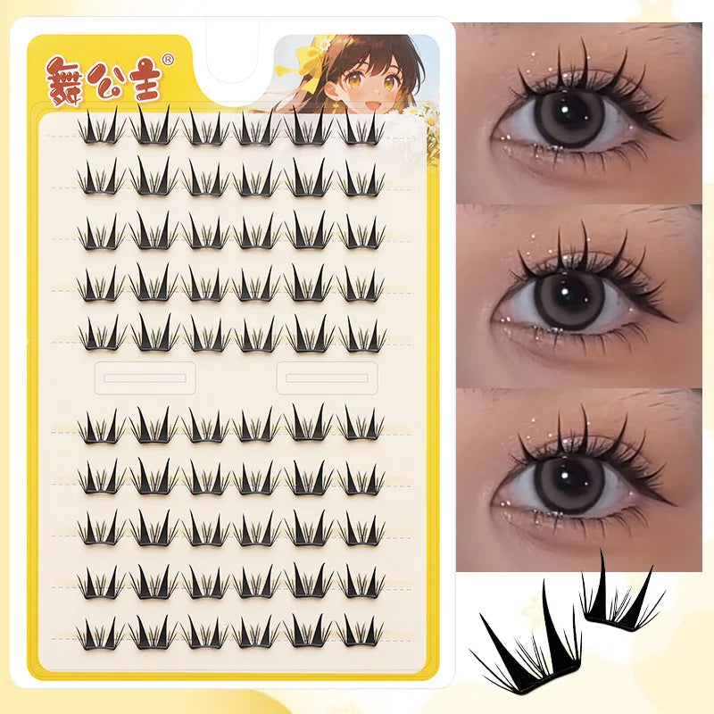 A sheet of Dingsen Cluster Eyelash Extensions showing various styles and lash lengths for application.