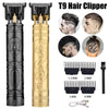 T9 Hair Clipper set showing various sizes of blades and the main clipper body in black and gold.