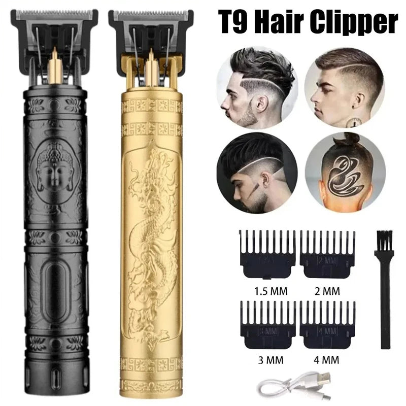 T9 Hair Clipper set showing various sizes of blades and the main clipper body in black and gold.