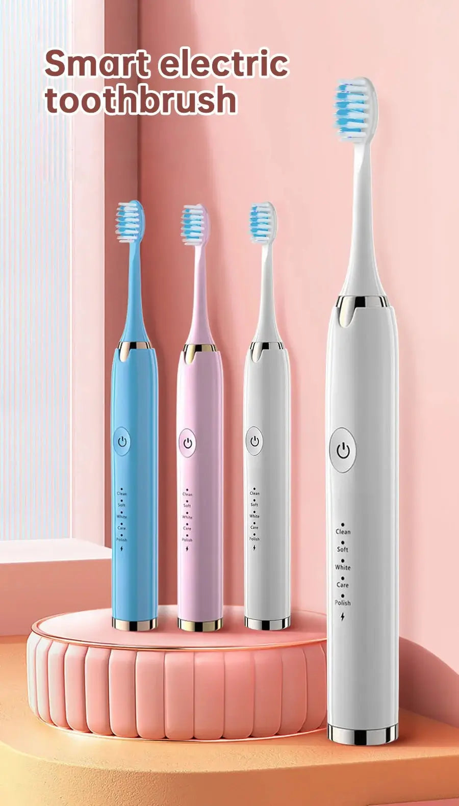 A display of four smart electric toothbrushes in blue, pink, and white against a light background.