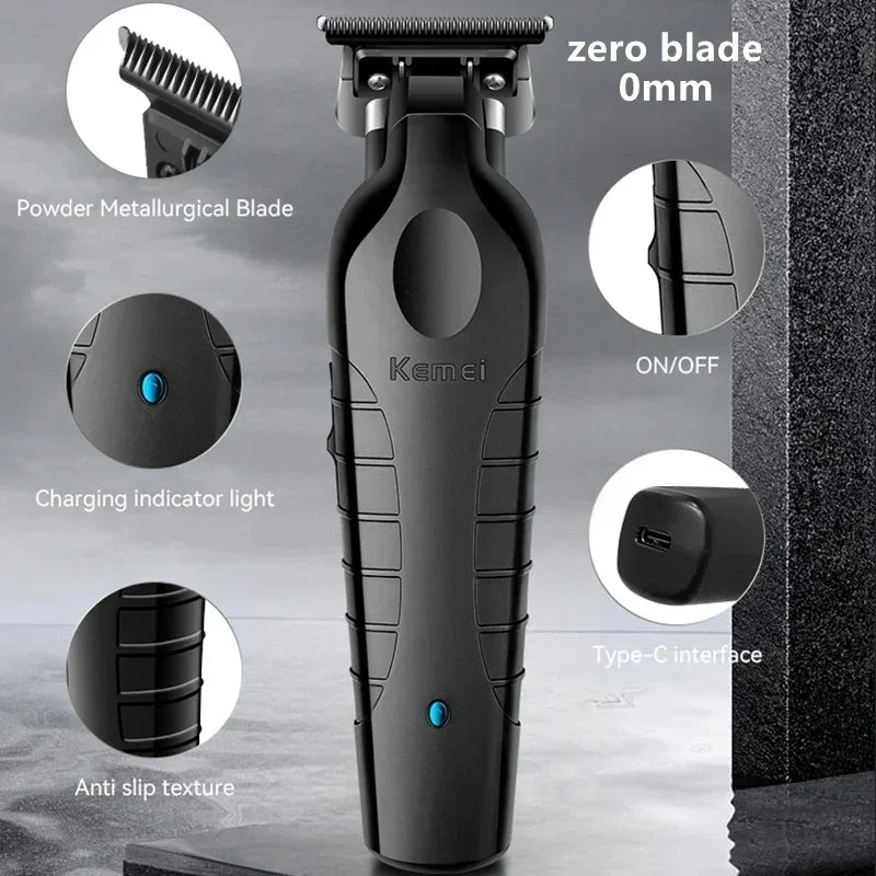 A black professional electric hair trimmer with a zero blade, featuring an on/off switch and Type-C interface.