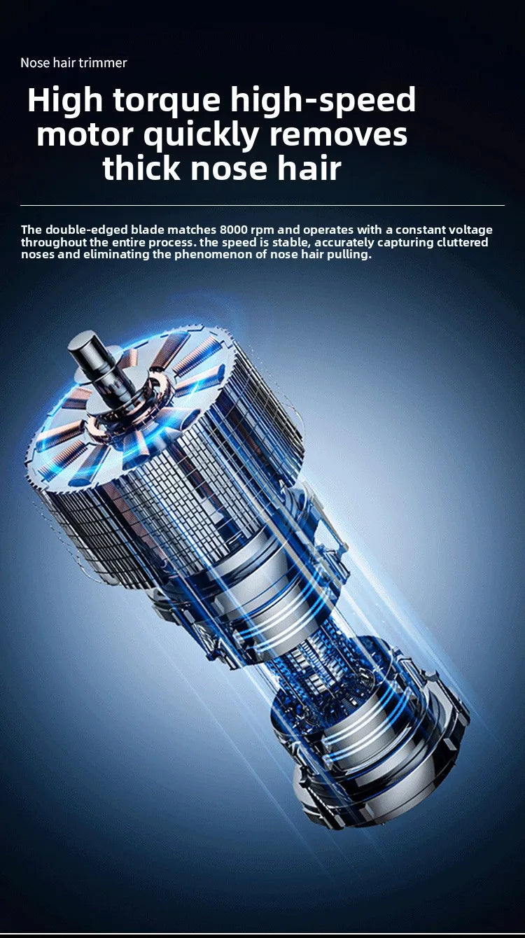 A close-up, dynamic shot of a professional USB nose hair trimmer with a metallic blue and silver finish.