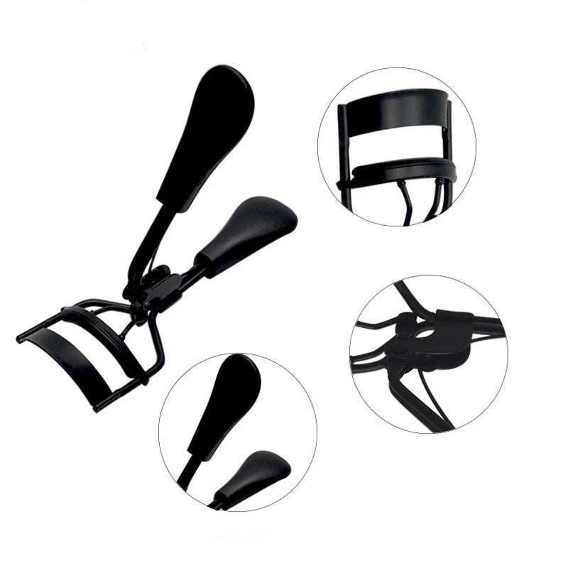 A set of professional black eyelash curlers shown in various angles and close-ups.