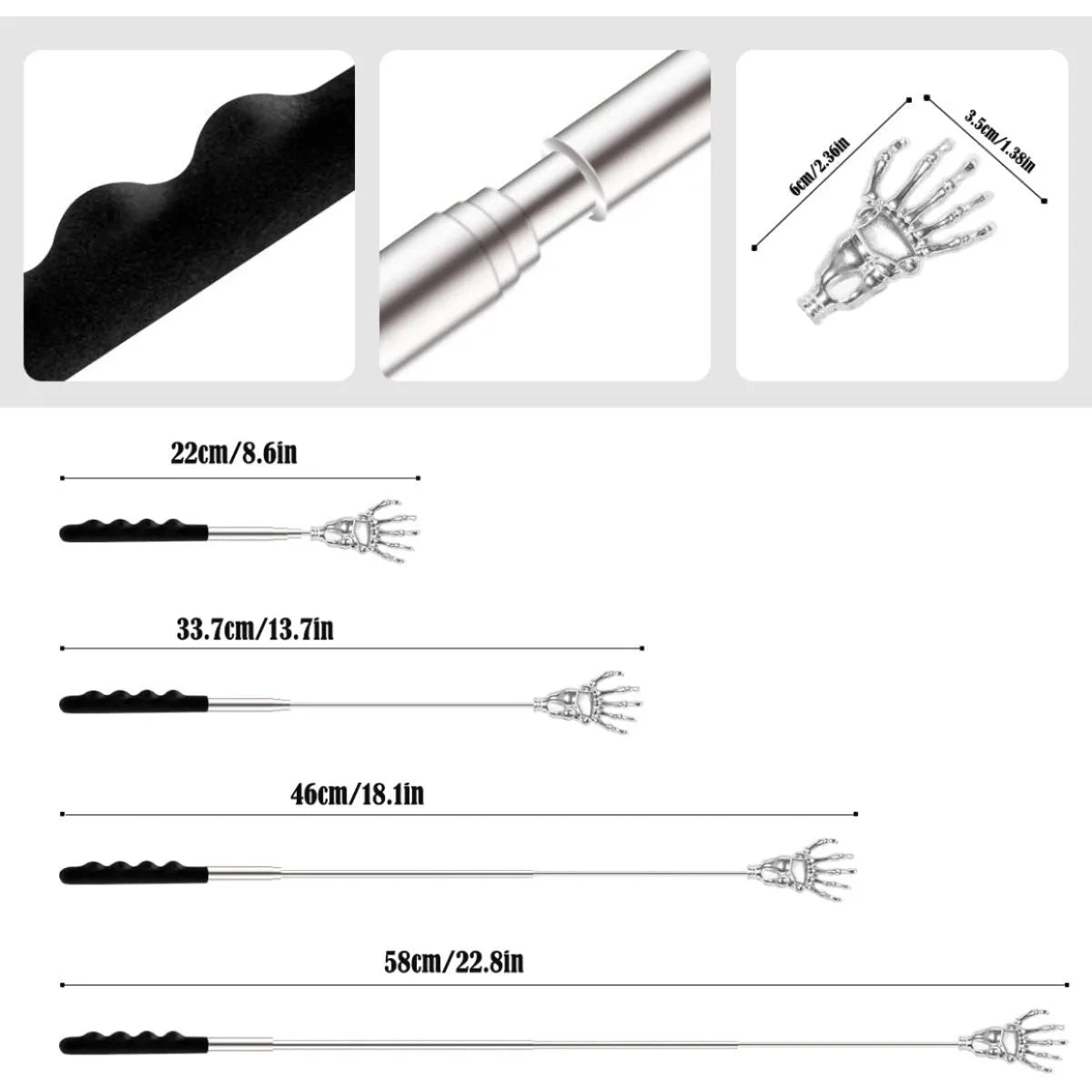 Stainless steel telescopic back scratcher set showing various lengths and components.