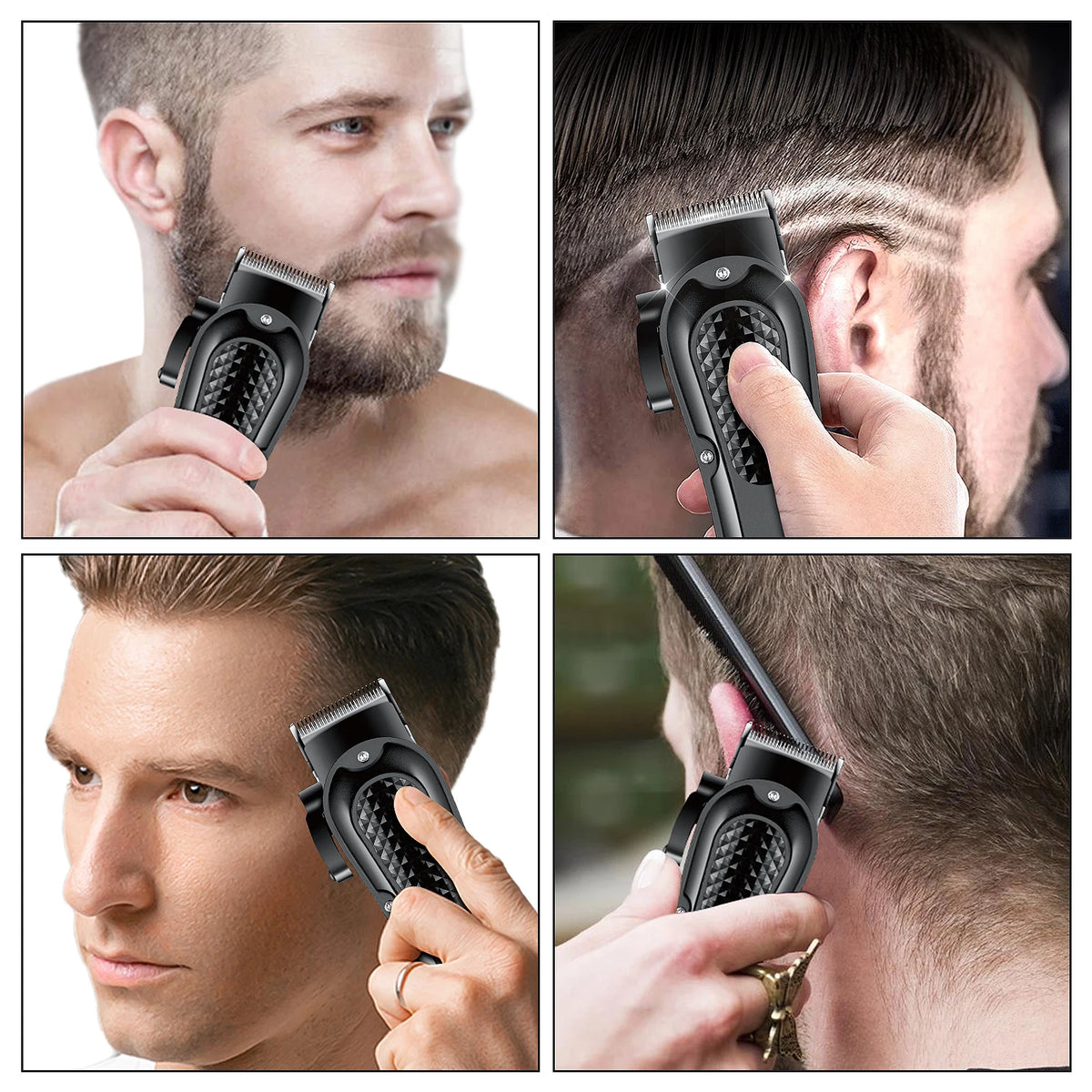 Close-up shots of a professional cordless hair trimmer set being used on a man's haircut.