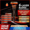 A close-up of an orange and black precision safety razor with multiple replacement blades shown next to the product.