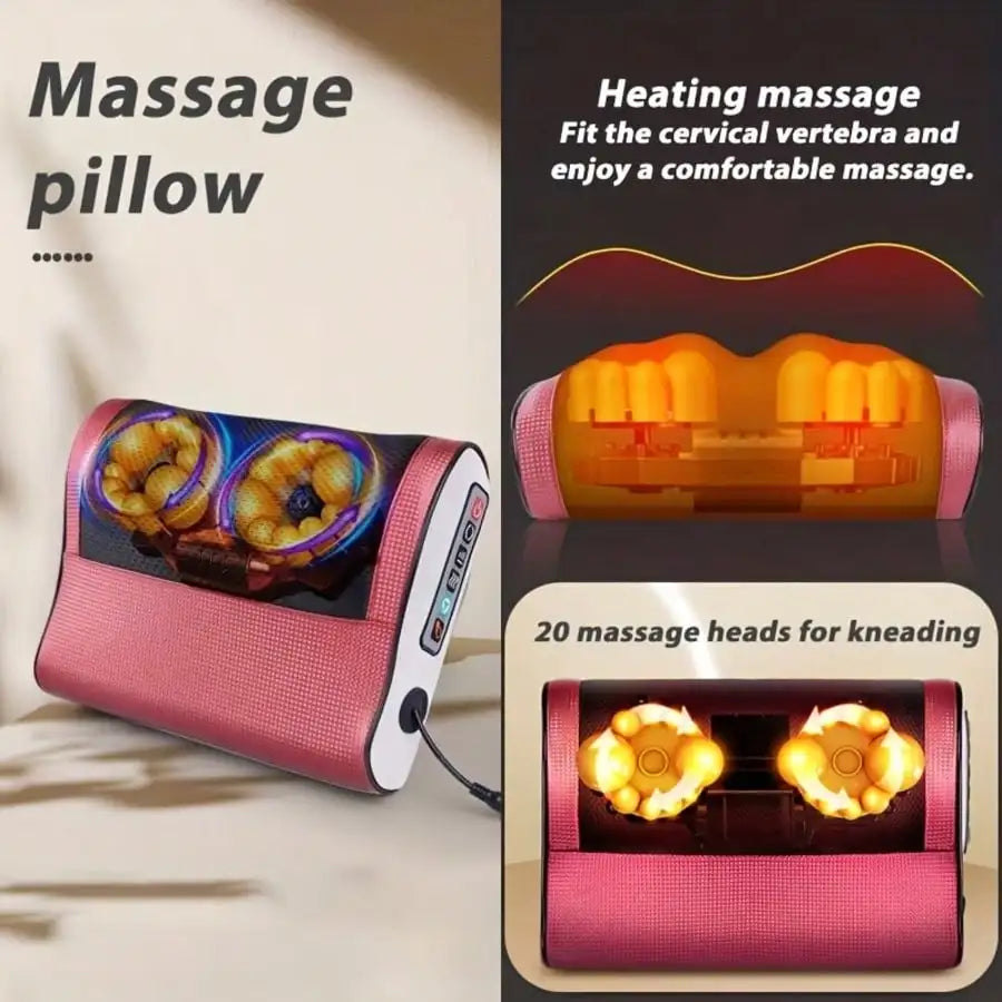 A pink massage pillow with heating massage heads for the cervical vertebra and kneading.