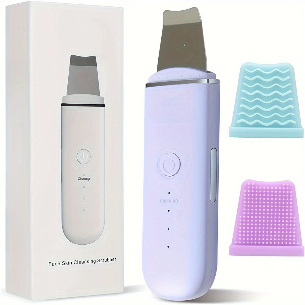 A white box and a purple face skin cleansing scrubber device with a silicone cleaning head.