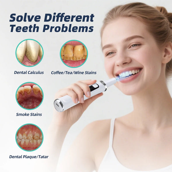 A woman is using an electric ultrasonic dental scaler to clean teeth, demonstrating its ability to solve various tooth proble