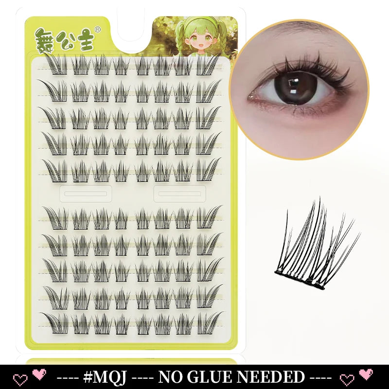 A plastic tray of Dingsen Cluster Eyelash Extensions showing various lash styles and a close-up of an eye.