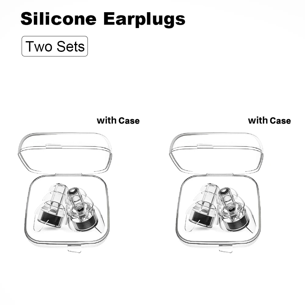 Two sets of silicone earplugs shown with and without their storage cases.