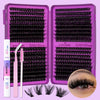 A purple box containing a DIY cluster lashes kit with lash extensions and a pair of tweezers shown next to an eye.