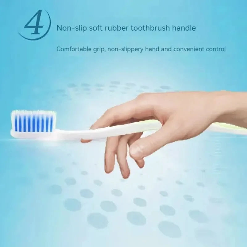 A hand holds a white soft rubber toothbrush handle, demonstrating a comfortable grip and control.