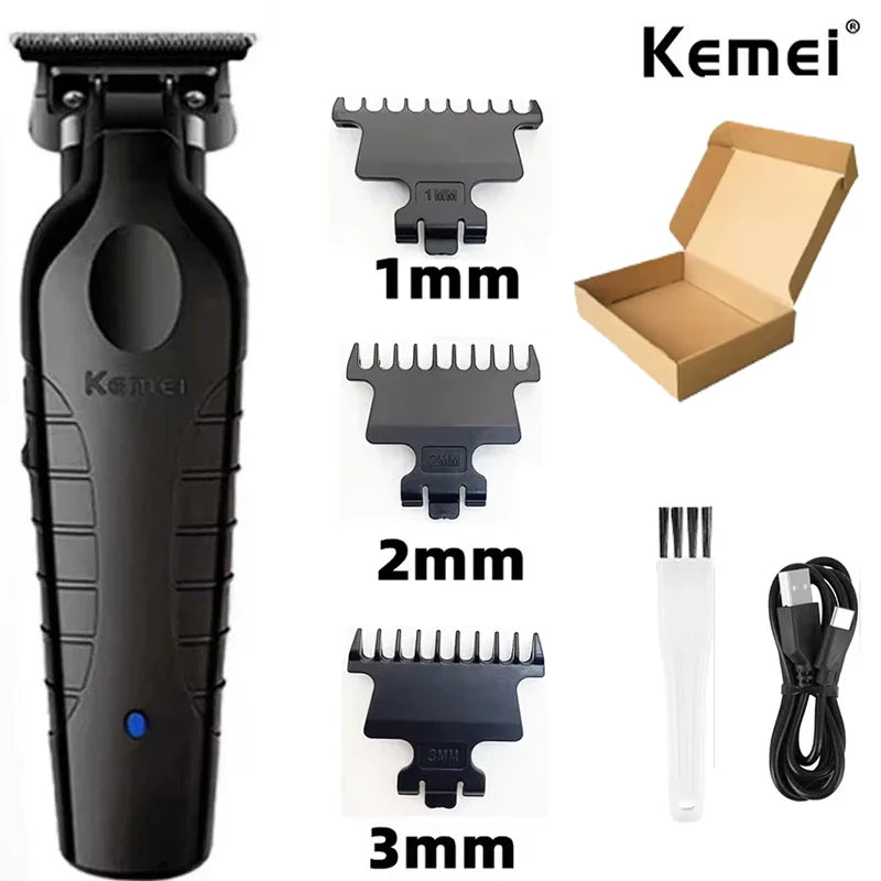 A set of professional electric hair clipper grooming kits showing various sizes of blades and a main body.