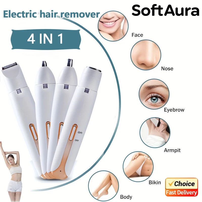 White SoftAura 4-in-1 electric hair remover device shown with close-ups of its use on face, nose, eyebrow, armpit, and bikini