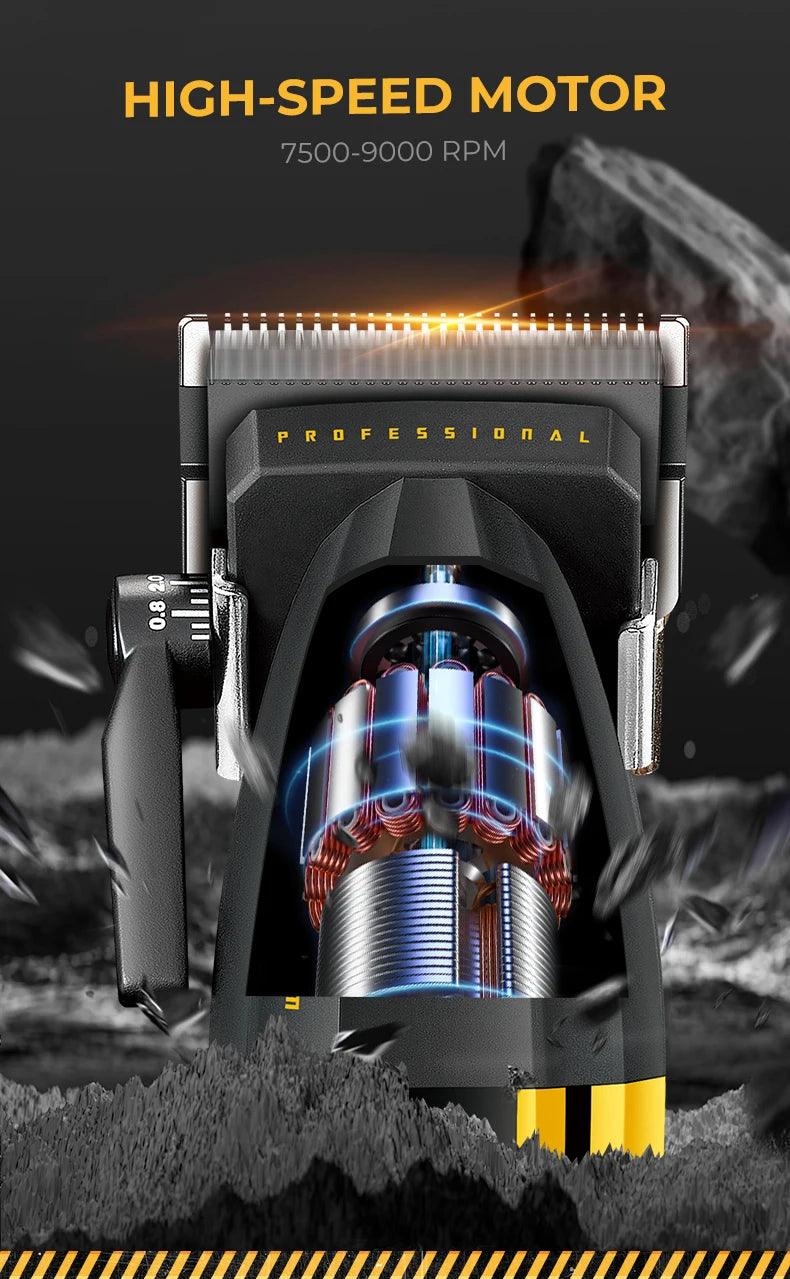 A professional high-speed motor electric hair clipper with a metallic housing and visible internal components.