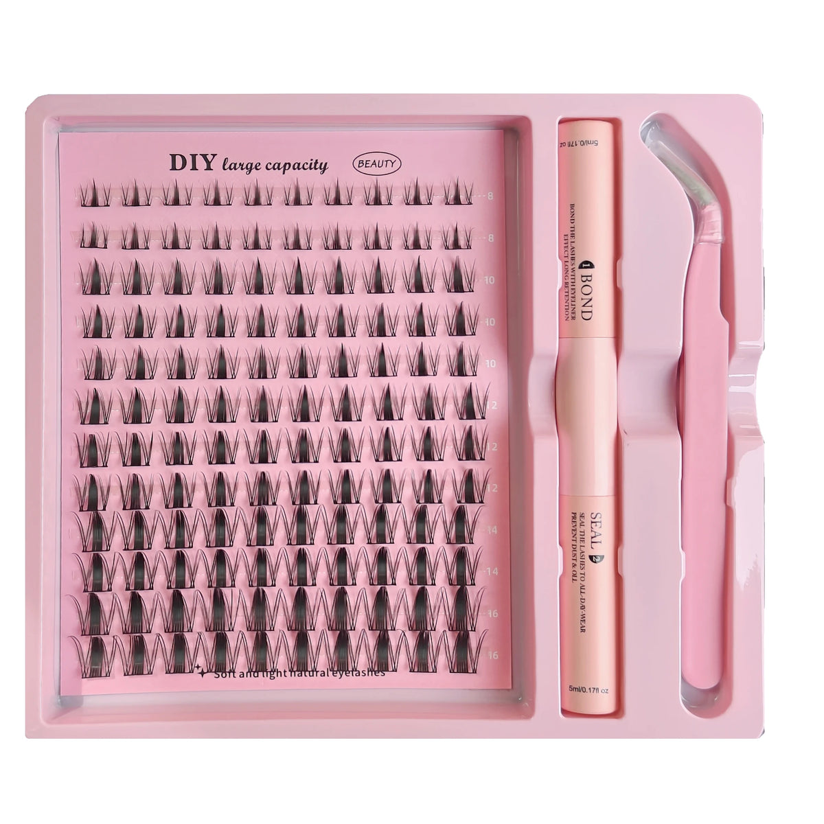 A pink DIY lash extension kit featuring multiple lash trays and tools including Bond, Seal, and remover.