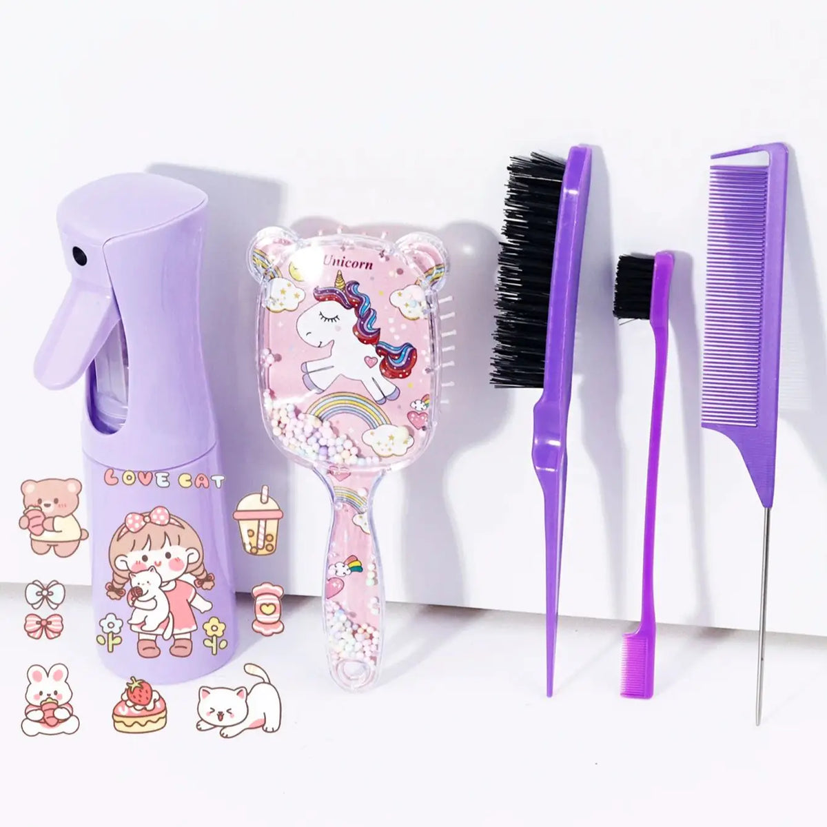 A purple unicorn-themed 5-piece DIY hair styling kit including a brush and comb.