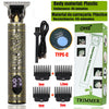A professional electric hair trimmer with various guard attachments shown next to its packaging box.