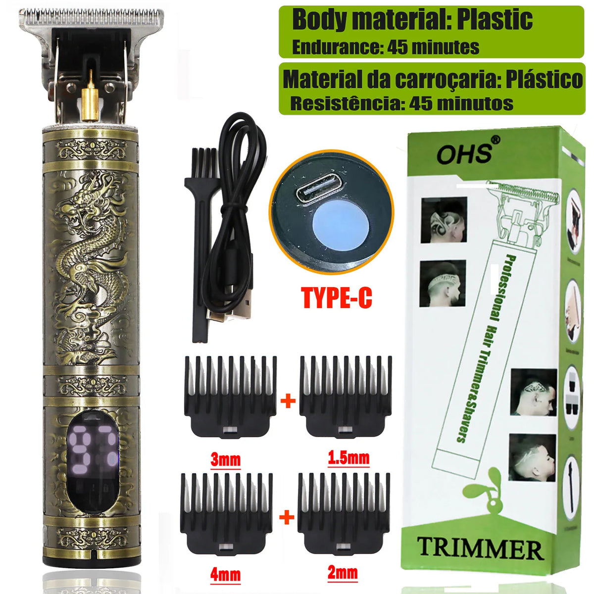 A professional electric hair trimmer with various guard attachments shown next to its packaging box.