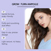 A woman is shown looking at her hair while using a product called GROW TURN AMPOULE for scalp care.