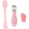 Herramienta de masaje facial y limpieza de poros de silicona rosa con paleta y cepillo.