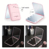 A pink foldable compact LED makeup mirror with a light switch shown in various angles.