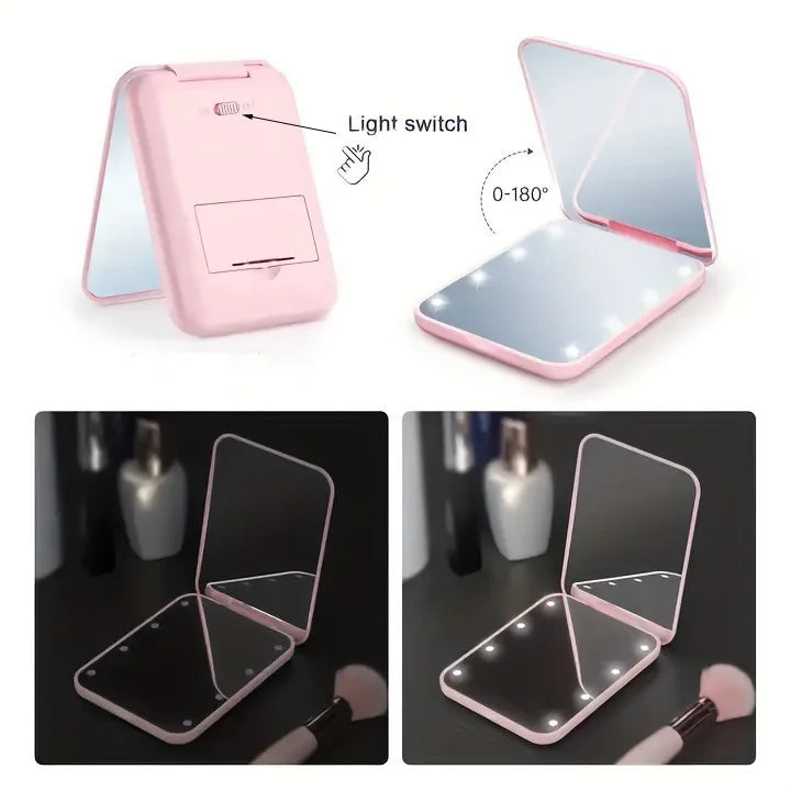 A pink foldable compact LED makeup mirror with a light switch shown in various angles.