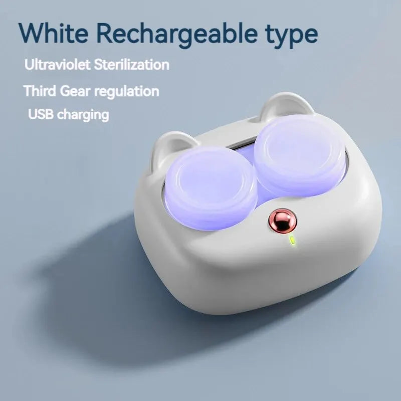 A white rechargeable contact lens cleaning case with purple light and a USB charging port.