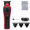 Red Kemei KM-999 cordless hair trimmer with LED display and multiple guard attachments