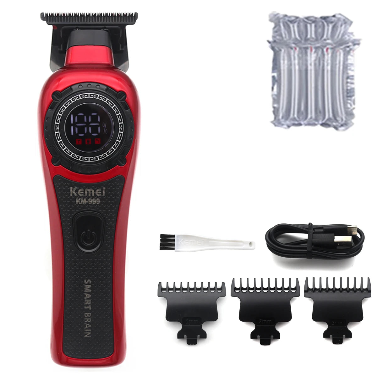 Red Kemei KM-999 cordless hair trimmer with LED display and multiple guard attachments