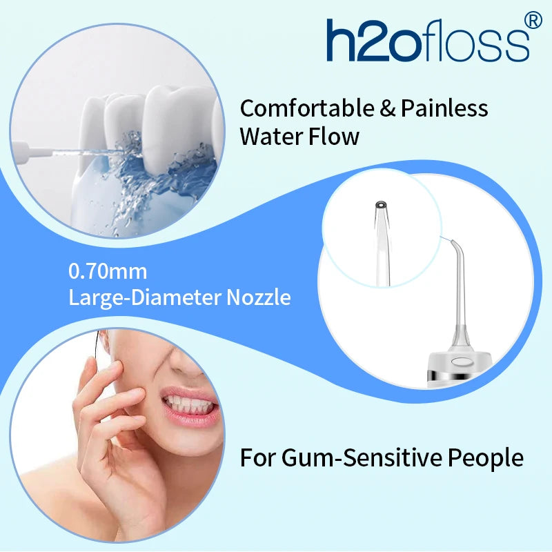 A portable water flosser with a 0.70mm large-diameter nozzle is shown for comfortable and painless water flow for gum-sensiti