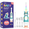 A box and several versions of a baby sonic electric toothbrush with a cute unicorn design.