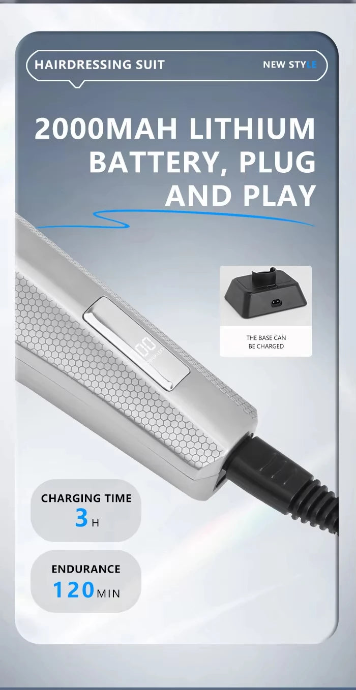 A silver cordless hairdressing suit with a black plug and play base, showing battery life of 2000mAh and a 3-hour charging ti