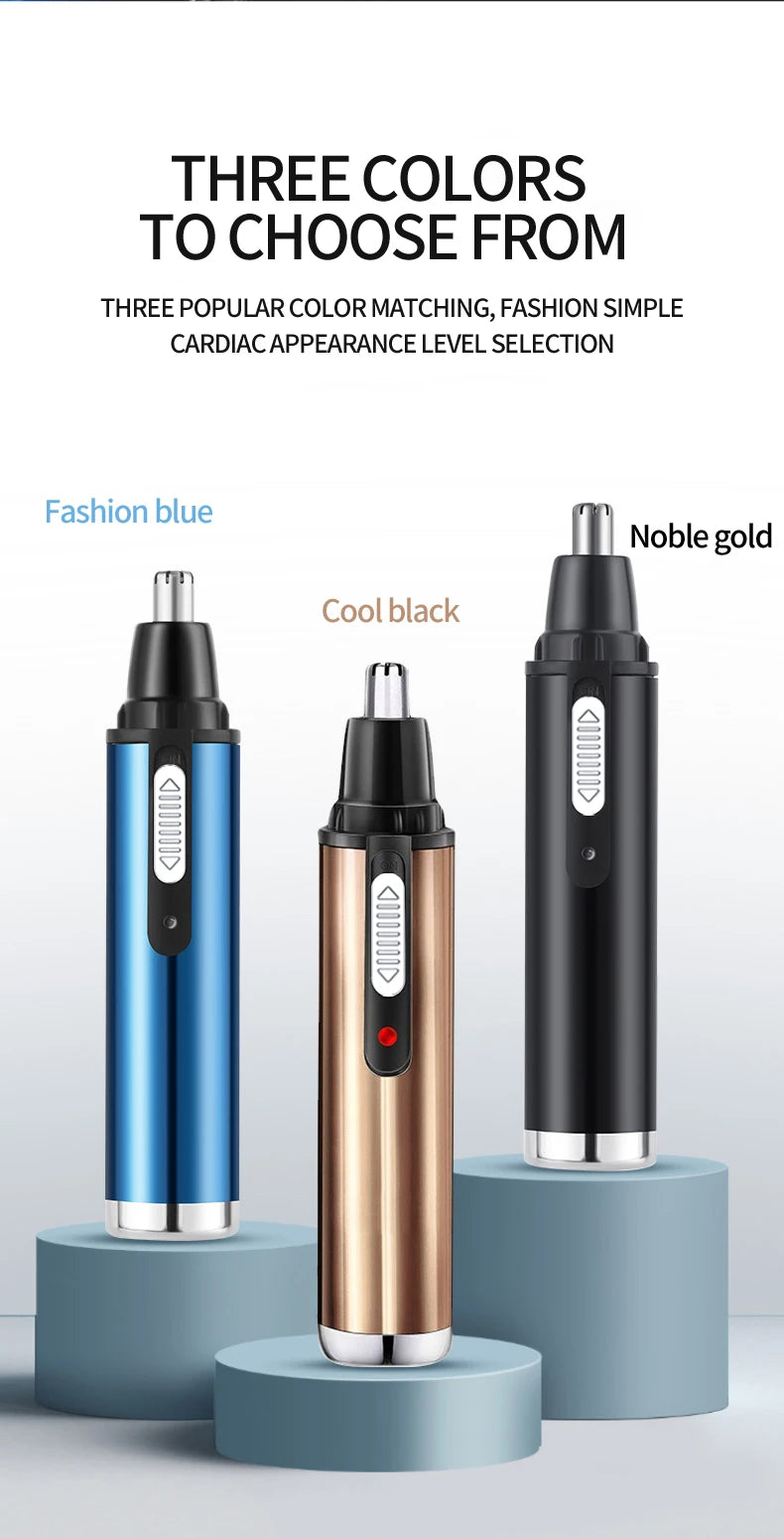 Drei Farben des 4-in-1 elektrischen Haaraus- und Augenbrauentrimmers in Blau, Schwarz und Gold.