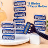 A clear plastic razor holder containing twelve blue and silver blades for hair removal.