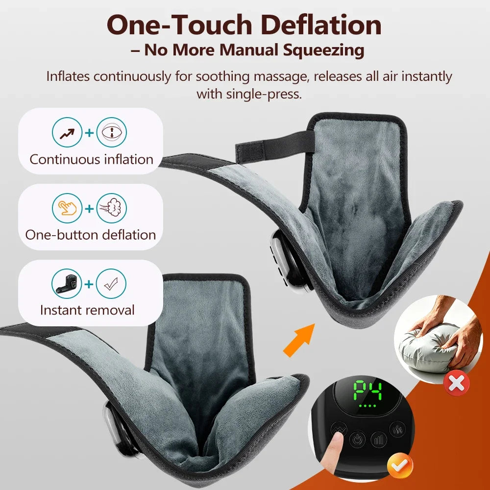 A gray heated air compression ankle massager showing continuous inflation and one-touch deflation features.