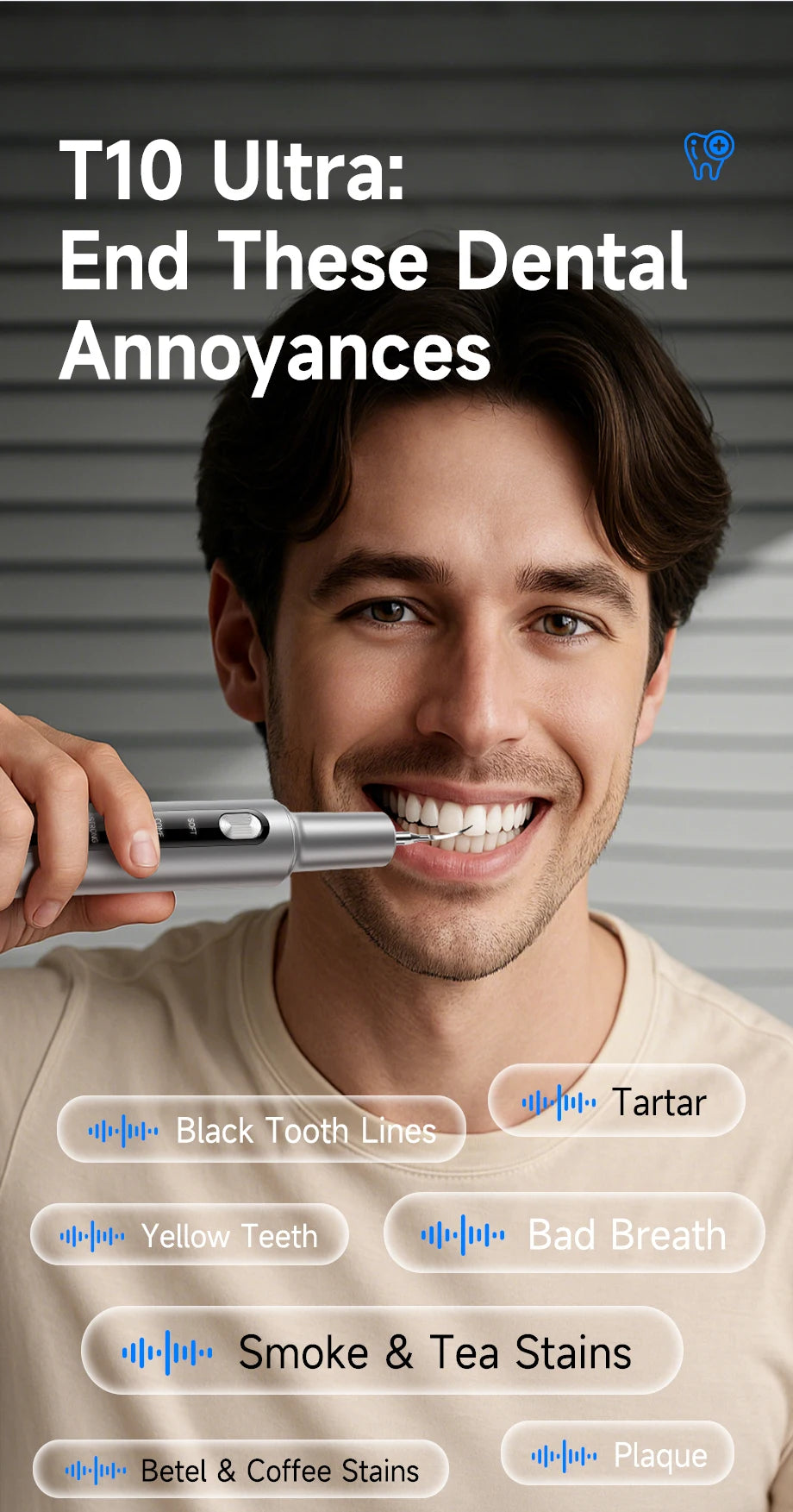 A man is using an ultrasonic electric dental cleaner on his teeth, demonstrating its use for removing stains and plaque.
