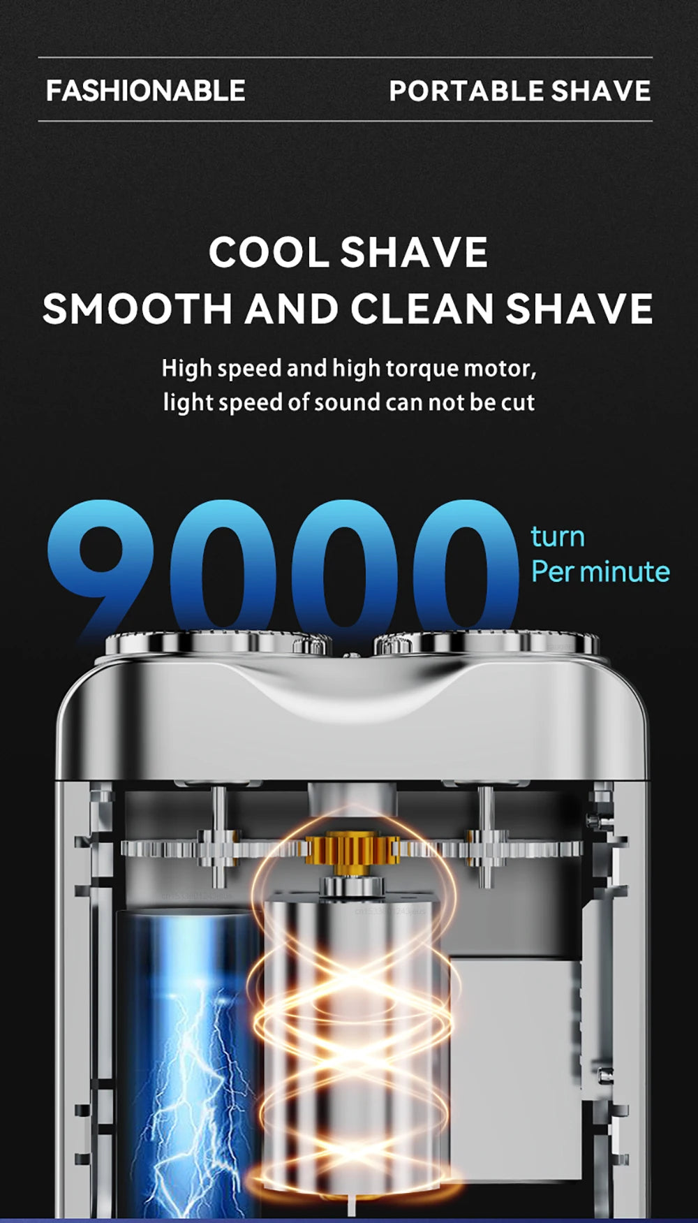 A close-up view of a silver portable electric shaver with an illuminated blade and electrical sparks.