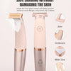 A pink electric shaver for women is shown next to various body parts like an arm, underarm, bikini line, and legs.