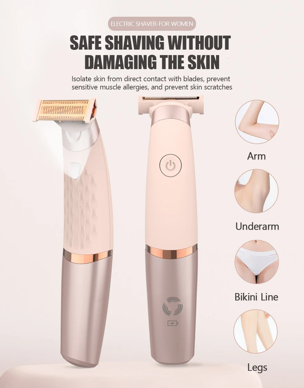 A pink electric shaver for women is shown next to various body parts like an arm, underarm, bikini line, and legs.